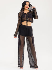WOMEN'S LONG SLEEVE HOODED CROP TOP & ELASTIC WAIST PANTS CROCHET 2PC. SET