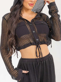 WOMEN'S LONG SLEEVE HOODED CROP TOP & ELASTIC WAIST PANTS CROCHET 2PC. SET