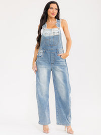 WOMEN'S SLEEVELESS POCKETS WASHED STRETCH DENIM WIDE LEG DENIM OVERALL