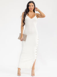 WOMEN'S SLEEVELESS V-NECK SIDE SLIT RIBBED BODYCON MAXI DRESS