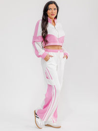 WOMEN'S LONG SLEEVE ZIP UP CROP SWEATER & ELASTIC WAIST PANTS COLORBLOCK 2PC. SET