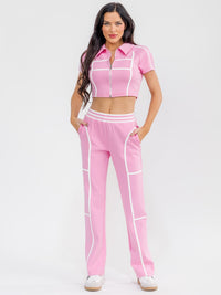 WOMEN'S SHORT SLEEVE CROP TOP & ELASTIC WAIST PANTS COLORBLOCK 2PC. SET
