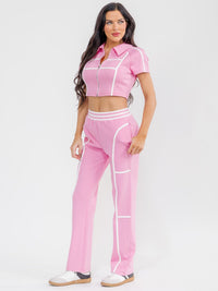 WOMEN'S SHORT SLEEVE CROP TOP & ELASTIC WAIST PANTS COLORBLOCK 2PC. SET