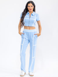 WOMEN'S SHORT SLEEVE CROP TOP & ELASTIC WAIST PANTS COLORBLOCK 2PC. SET
