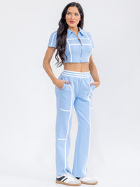 WOMEN'S SHORT SLEEVE CROP TOP & ELASTIC WAIST PANTS COLORBLOCK 2PC. SET