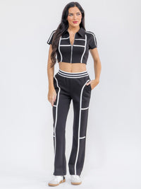 WOMEN'S SHORT SLEEVE CROP TOP & ELASTIC WAIST PANTS COLORBLOCK 2PC. SET