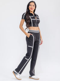 WOMEN'S SHORT SLEEVE CROP TOP & ELASTIC WAIST PANTS COLORBLOCK 2PC. SET