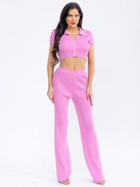 WOMEN'S SHORT SLEEVE CROP TOP & ELASTIC WAIST PANTS RIBBED 2PC. SET