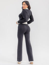WOMEN'S LONG SLEEVE ZIP UP SWEATER & ELASTIC WAIST PANTS COLORBLOCK 2PC. SET