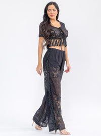 WOMEN'S SHORT SLEEVE CROP TOP & ELASTIC WAIST PANTS KNIT FRINGE 2PC. SET