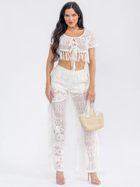 WOMEN'S SHORT SLEEVE CROP TOP & ELASTIC WAIST PANTS KNIT FRINGE 2PC. SET