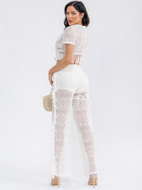WOMEN'S SHORT SLEEVE CROP TOP & ELASTIC WAIST PANTS KNIT FRINGE 2PC. SET