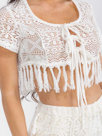 WOMEN'S SHORT SLEEVE CROP TOP & ELASTIC WAIST PANTS KNIT FRINGE 2PC. SET