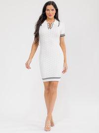 WOMEN'S SHORT SLEEVE V-NECK DETAILED BODYCON SWEATER MINI DRESS