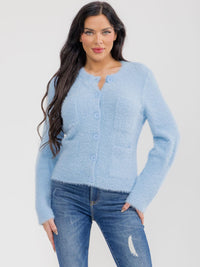 WOMEN'S LONG SLEEVE BUTTON CLOSURE FRONT POCKETS FUZZY SWEATER