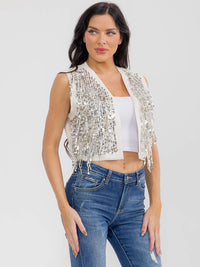 WOMEN'S SLEEVELESS OPEN FRONT PU PLEATHER SEQUINS FRINGE VEST