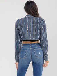 WOMEN'S LONG SLEEVE BUTTON CLOSURE FRONT POCKETS RHINESTONES CROP BLAZER