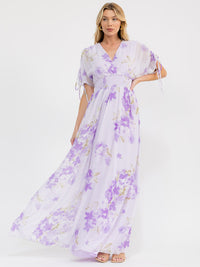 WOMEN'S SHORT RUCHED SLEEVES SURPLICE SMOCK WAIST FLORAL MAXI DRESS