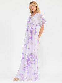 WOMEN'S SHORT RUCHED SLEEVES SURPLICE SMOCK WAIST FLORAL MAXI DRESS