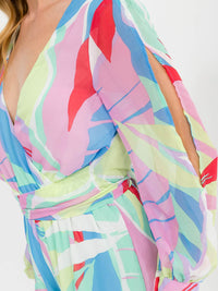WOMEN'S LONG SLEEVE SURPLICE ELASTIC WAIST MULTI PRINT WIDE LEG JUMPSUIT