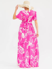 WOMEN'S SHORT SLEEVES SURPLICE ELASTIC WAIST LEAF PRINT MAXI DRESS