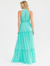 WOMEN'S SLEEVELESS HALTER NECK SIDE SLIT SELF TIE TIERED MAXI DRESS
