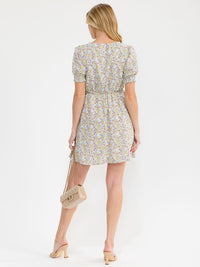 WOMEN'S SHORT PUFF SLEEVE V-NECK FLORAL MINI DRESS