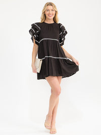 WOMEN'S SHORT RUFFLE SLEEVE FRONT POCKETS TUNIC EYELET TRIM LINEN MINI DRESS