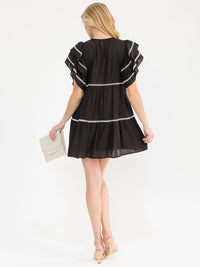 WOMEN'S SHORT RUFFLE SLEEVE FRONT POCKETS TUNIC EYELET TRIM LINEN MINI DRESS