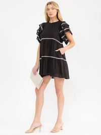 WOMEN'S SHORT RUFFLE SLEEVE FRONT POCKETS TUNIC EYELET TRIM LINEN MINI DRESS