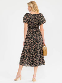WOMEN'S SHORT PUFF SLEEVE SURPLICE SMOCK SELF TIE FLORAL PRINT MAXI DRESS