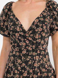 WOMEN'S SHORT PUFF SLEEVE SURPLICE SMOCK SELF TIE FLORAL PRINT MAXI DRESS