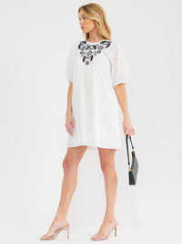 WOMEN'S SHORT PUFF SLEEVE FRONT POCKETS EMBROIDERY DETAILED TUNIC MINI DRESS