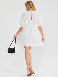 WOMEN'S SHORT PUFF SLEEVE FRONT POCKETS EMBROIDERY DETAILED TUNIC MINI DRESS
