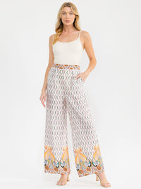 WOMEN'S ELASTIC WAIST FRONT POCKETS MULTI PRINT WIDE LEG LINEN PANTS