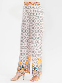 WOMEN'S ELASTIC WAIST FRONT POCKETS MULTI PRINT WIDE LEG LINEN PANTS