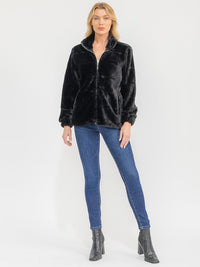 WOMEN'S LONG SLEEVE ZIPPER CLOSURE FRONT POCKETS FAUX FUR JACKET