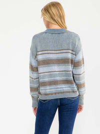 WOMEN'S LONG SLEEVE V-NECK STRIPES KNIT PULLOVER SWEATER