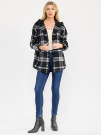 WOMEN'S LONG SLEEVE BUTTON CLOSURE FRONT POCKETS HOODED PLAID JACKET