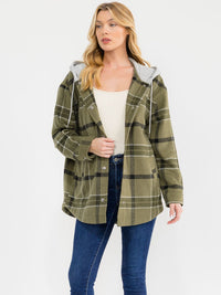 WOMEN'S LONG SLEEVE BUTTON CLOSURE FRONT POCKETS HOODED PLAID JACKET