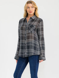 WOMEN'S LONG SLEEVE V-NECK BUTTON UP PLAID SHIRT