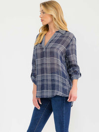 WOMEN'S LONG SLEEVE V-NECK BUTTON UP PLAID SHIRT
