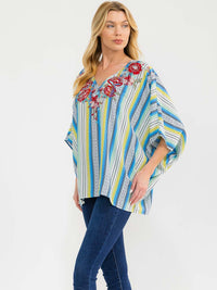 WOMEN'S SHORT SLEEVE V-NECK EMBROIDERY DETAILED TUNIC MULTI TOP