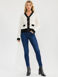 WOMEN'S LONG SLEEVE BUTTON UP FRONT POCKETS COLORBLOCK SWEATER