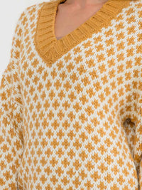 WOMEN'S LONG SLEEVE V-NECK COLORBLOCK PRINT KNIT PULLOVER SWEATER