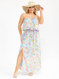 PLUS SIZE SLEEVELESS ELASTIC WAIST SIDE SLIT FLORAL PRINT MAXI DRESS