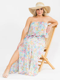 PLUS SIZE SLEEVELESS ELASTIC WAIST SIDE SLIT FLORAL PRINT MAXI DRESS