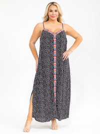 PLUS SIZE SLEEVELESS V-NECK POLKA DOT PRINT EMBROIDERY MAXI DRESS