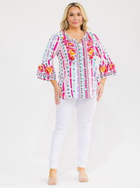 PLUS SIZE LONG SLEEVE V-NECK LOOSE FIT MULTI PRINT EMBROIDERY BLOUSE