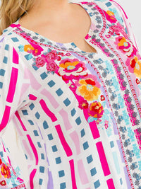 PLUS SIZE LONG SLEEVE V-NECK LOOSE FIT MULTI PRINT EMBROIDERY BLOUSE